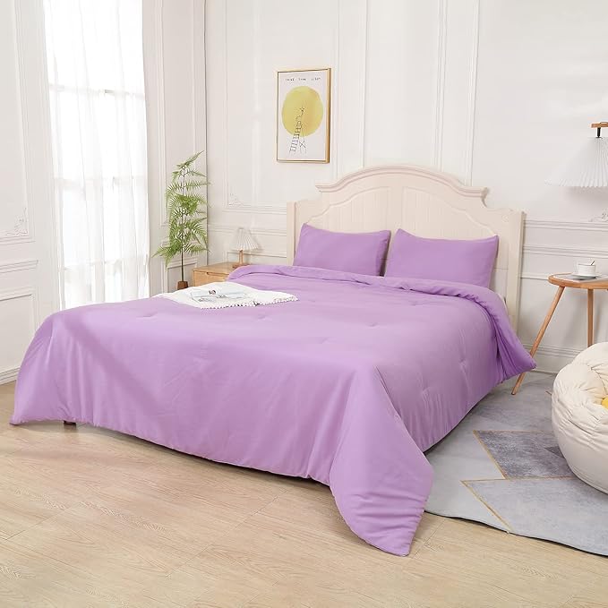 Lavender Purple Comforter King Size, Modern Bedding Set for Girls/Women, Cute Soft & Lightweight Chic Microfiber Bed Sets, 3 pcs-1 Comforter & 2 Pillowcases (104"x90") - LeafyLoom