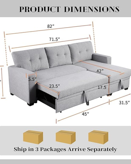 L Shaped Convertible Sofa, 82 Inch Sectional Couch Chaise, Linen Reversible Upholstered Pull Out Bed with Storage Space for Living Room, Apartment and Office, Light Gray - LeafyLoom
