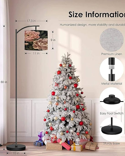 Modern Arc Floor Lamp with Dimmer Mid Century Floral seamless Botanical realistic peonies dark Vintage hand drawn Metal Standing Lamp with Linen Shade Footswitch for Living Room Bedroom Office - LeafyLoom
