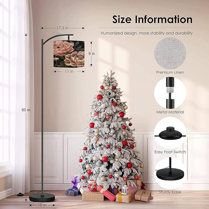 Modern Arc Floor Lamp with Dimmer Mid Century Floral seamless Botanical realistic peonies dark Vintage hand drawn Metal Standing Lamp with Linen Shade Footswitch for Living Room Bedroom Office - LeafyLoom