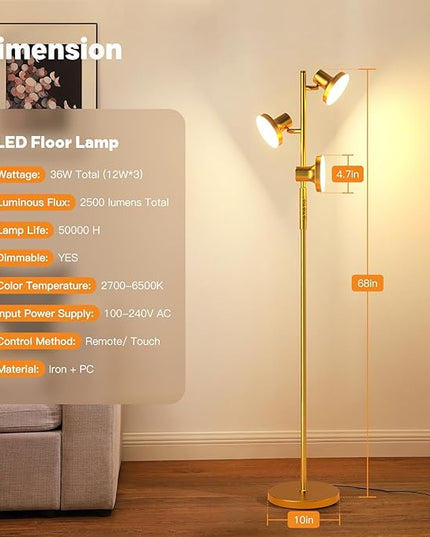 36W Super Bright Gold Floor Lamp, Modern LED Standing Lamp with Remote & Touch Control, 4 Color Temperatures, 3 Rotatable Lights, Dimmable Floor Lamps for Living Room, Bedroom, Office - LeafyLoom
