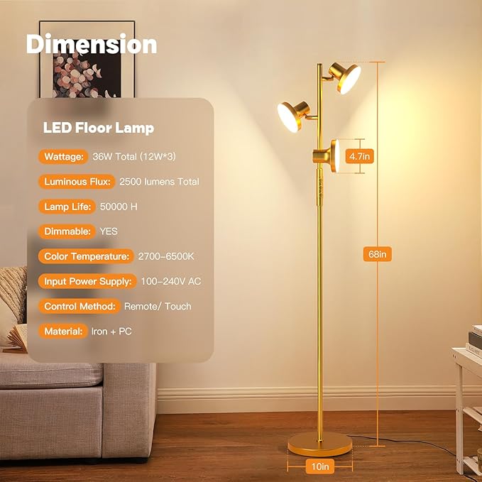 36W Super Bright Gold Floor Lamp, Modern LED Standing Lamp with Remote & Touch Control, 4 Color Temperatures, 3 Rotatable Lights, Dimmable Floor Lamps for Living Room, Bedroom, Office - LeafyLoom