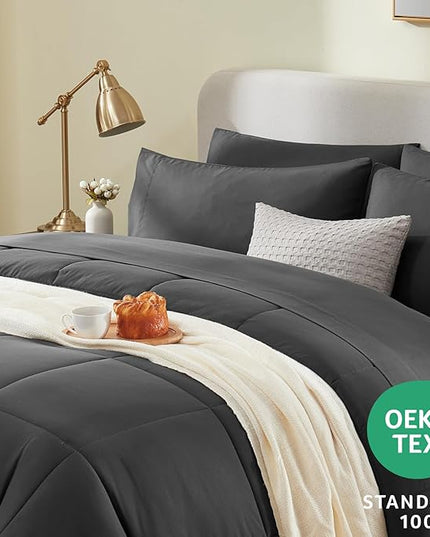 CozyLux King Size Comforter Set - 7 Pieces Bed in a Bag Set Dark Grey, King Bedding Set with All Season Quilted Comforter, Flat Sheet, Fitted Sheet, Pillowcases - LeafyLoom