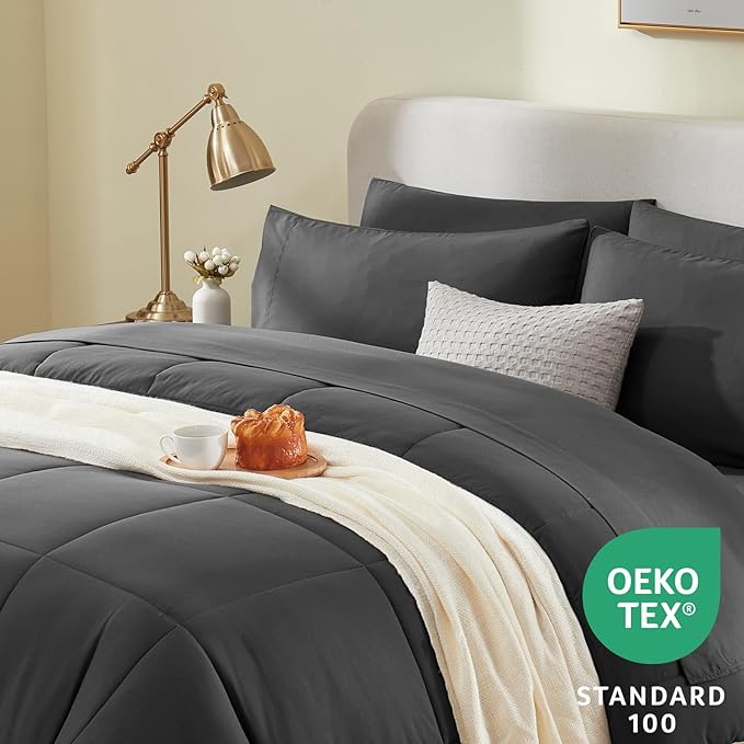 CozyLux California King Size Comforter Sets - 7 Pieces Bed in a Bag Set Dark Grey, Bedding Sets Cal King with All Season Quilted Comforter, Flat Sheet, Fitted Sheet, Pillowcases, Dark Grey - LeafyLoom