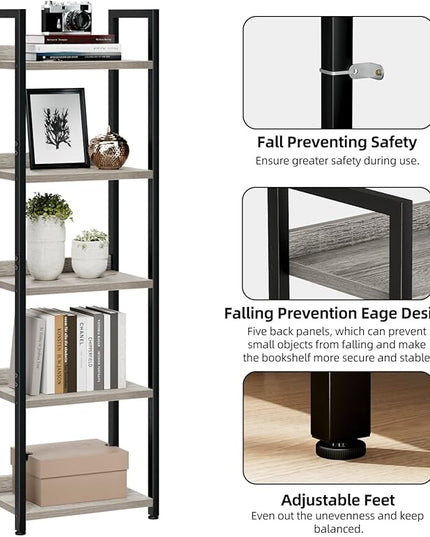 NUMENN Narrow Bookshelf, 5 Tier Bookshelves, Home Office Bookcase Shelf Storage Organizer, Free Standing Storage Shelving Unit for Bedroom, Living Room and Home Office, Grey - LeafyLoom