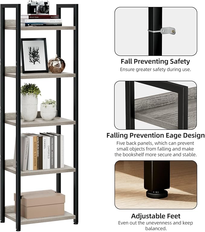 NUMENN Narrow Bookshelf, 5 Tier Bookshelves, Home Office Bookcase Shelf Storage Organizer, Free Standing Storage Shelving Unit for Bedroom, Living Room and Home Office, Grey - LeafyLoom