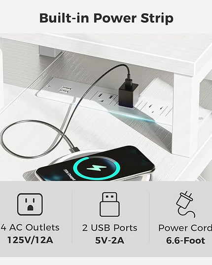 SUPERJARE 47 inch Reversible L Shaped Desk with LED Lights & Power Outlets, Computer Desk with Shelves & Monitor Stand, Gaming Desk with Drawer, Home Office Desk Corner Desk, PU White Drawer - LeafyLoom