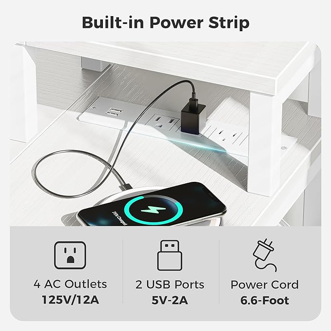 SUPERJARE 47 inch Reversible L Shaped Desk with LED Lights & Power Outlets, Computer Desk with Shelves & Monitor Stand, Gaming Desk with Drawer, Home Office Desk Corner Desk, PU White Drawer - LeafyLoom