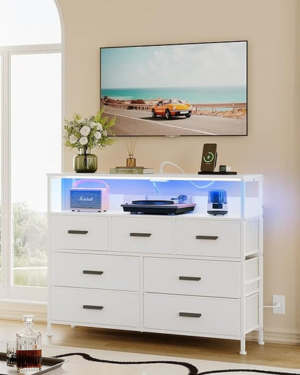 Dresser TV Stand with 7 Drawers, Dresser TV Stand with LED Lights & Power Outlets, Bedroom Dresser, Chest of Drawers up to 45'' Long TV, Wide Fabric Dresser with Open Shelf (White) - LeafyLoom