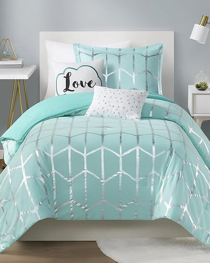 Intelligent Design Raina Twin / Twin XL Comforter Set, Soft Microfiber Comforter Set Twin, Modern Geometric Metallic Bed Set, 4 Pieces College Bedding Comforter Set with 1 Sham, 2 Toss Pillows Aqua - LeafyLoom