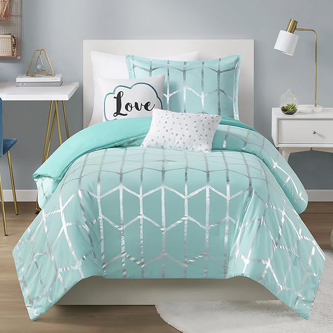 Intelligent Design Raina Twin / Twin XL Comforter Set, Soft Microfiber Comforter Set Twin, Modern Geometric Metallic Bed Set, 4 Pieces College Bedding Comforter Set with 1 Sham, 2 Toss Pillows Aqua - LeafyLoom