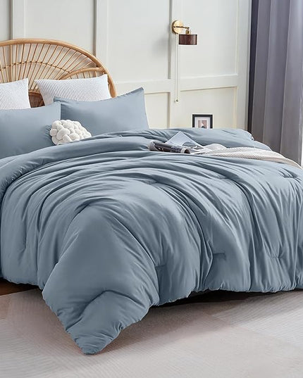 CozyLux Grayish Blue Comforter Set King Size, 3 Pieces Solid Breathable Quilted Boho Style Bedding Sets, Luxury Fluffy Soft Microfiber Comforter for All Season(1 Comforter & 2 Pillowcases) - LeafyLoom