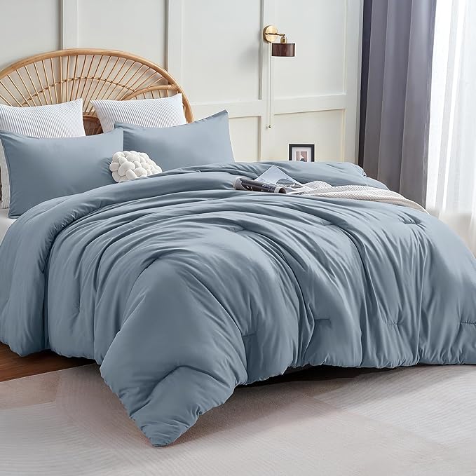 CozyLux Grayish Blue Comforter Set King Size, 3 Pieces Solid Breathable Quilted Boho Style Bedding Sets, Luxury Fluffy Soft Microfiber Comforter for All Season(1 Comforter & 2 Pillowcases) - LeafyLoom