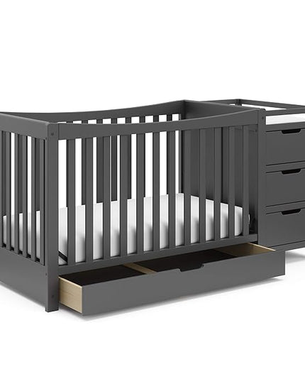 Graco Remi 4-in-1 Convertible Crib & Changer with Drawer (Gray) – GREENGUARD Gold Certified, Crib and Changing -Table Combo, Includes Changing Pad, Converts to Toddler Bed, Daybed and Full-Size Bed - LeafyLoom