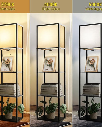 Wide Floor Lamp with Shelves for Living Room Bedroom Office, 4-Tier 2700 4000K 5000K Color Selectable Modern Shelf Floor Lamp with 15W LED Bulb Black. - LeafyLoom