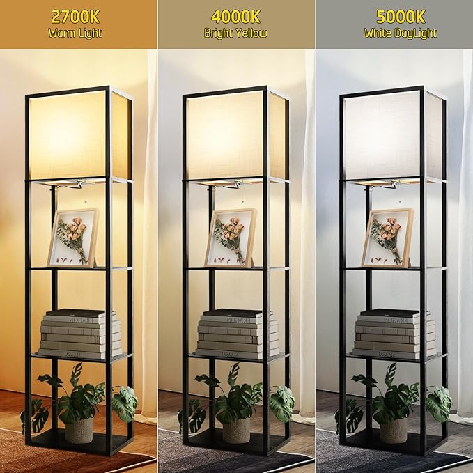 Wide Floor Lamp with Shelves for Living Room Bedroom Office, 4-Tier 2700 4000K 5000K Color Selectable Modern Shelf Floor Lamp with 15W LED Bulb Black. - LeafyLoom