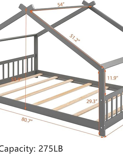 Montessori Floor Bed Frame Full Size, Full Floor Bed Frame with Headboard, Footboard and Slats, Wood Montessori Bed Frame/Montessori House Bed for Kids, Girls, Boys(Gray) - LeafyLoom