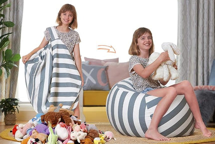 Aubliss Stuffed Animal Storage Bean Bag Chair Cover Only for Plush Toys, Blankets, X-Large 48"-Canvas Stripes Grey - LeafyLoom