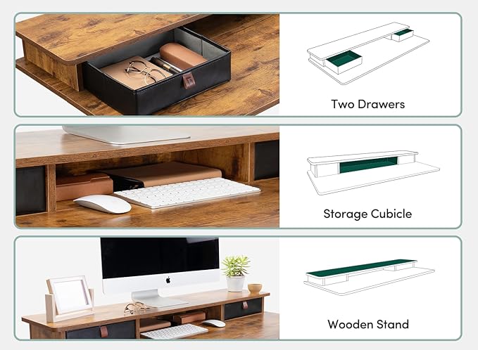 FEZIBO 40 x 24 Inch Height Adjustable Electric Standing Desk with Double Drawer, Stand Up Desk with Storage Shelf, Sit Stand Desk, Rustic Brown - LeafyLoom