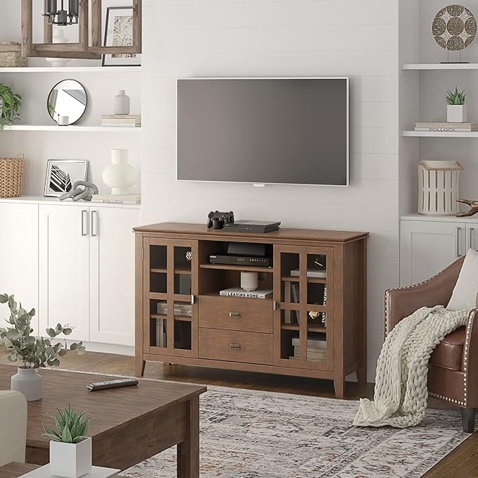 SIMPLIHOME Artisan SOLID WOOD 53 Inch Wide Contemporary TV Media Stand in Rustic Natural Aged Brown for TVs up to 60 Inches, For the Living Room and Entertainment Center - LeafyLoom