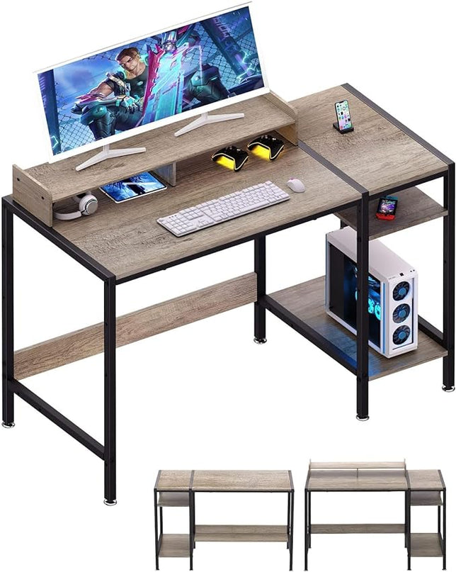 Computer Desk - 47” Gaming Desk, Home Office Desk with Storage, Small Desk with Monitor Stand, Writing Desk for 2 Monitors, Adjustable Storage Space, Modern Design Corner Table - LeafyLoom