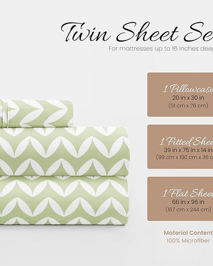 Linen Market 3 Piece Twin Bedding Sheet Set (Sage Chevron) - Sleep Better Than Ever with These Ultra-Soft & Cooling Bed Sheets for Your Twin Size Bed - Deep Pocket Fits 16" Mattress - LeafyLoom
