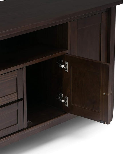 SIMPLIHOME Warm Shaker SOLID WOOD Universal TV Media Stand, 72 Inch Wide, Farmhouse Rustic, Living Room Entertainment Center, for Flat Screen TVs up to 80 Inch in Tobacco Brown - LeafyLoom