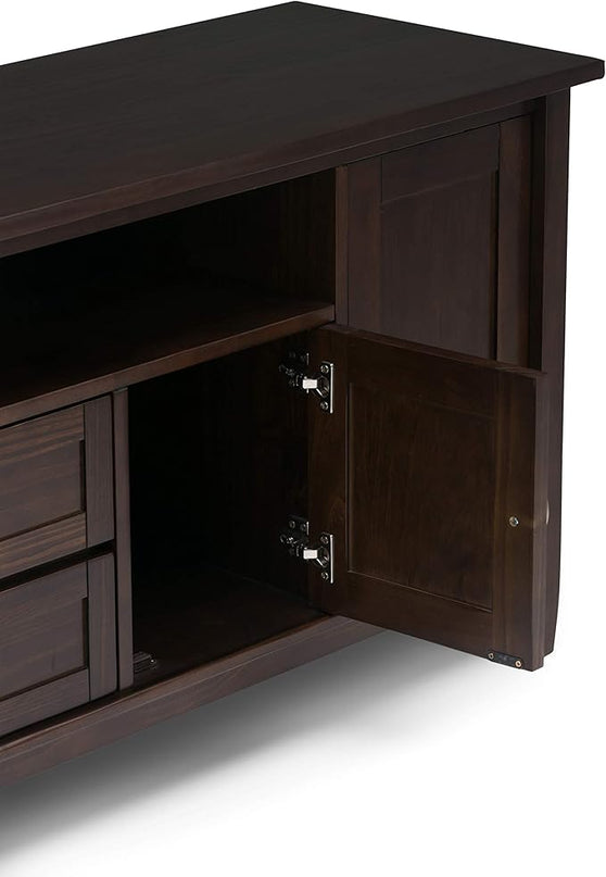 SIMPLIHOME Warm Shaker SOLID WOOD Universal TV Media Stand, 72 Inch Wide, Farmhouse Rustic, Living Room Entertainment Center, for Flat Screen TVs up to 80 Inch in Tobacco Brown - LeafyLoom