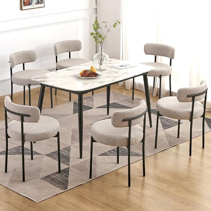 EDWELL Grey Dining Chairs Set of 6, Mid Century Modern Dining Room Chairs with 3.94” Cushions, Round Upholstered Boucle Chairs with Black Metal Legs for Kitchen, Living Room - LeafyLoom