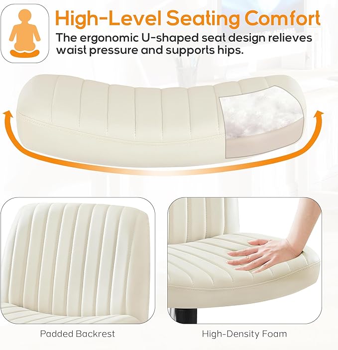 Criss Cross Chair, Cross Legged Office Chair, Wide Comfty Desk Chair, No Wheels Armless Computer Task Chair, Swivel Vanity Home Chair, Height Adjustable - LeafyLoom