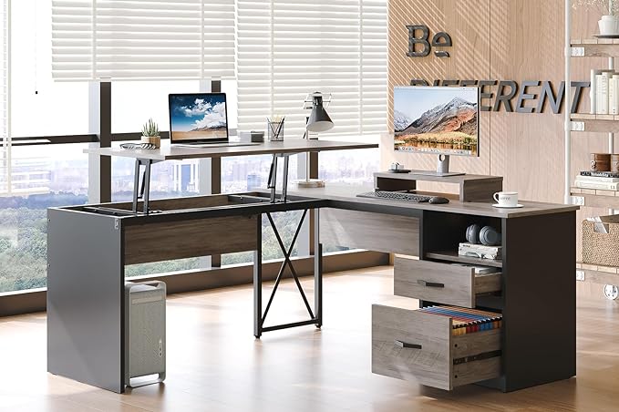 Bestier Lift Top L Shaped Desk with File Drawer, 55'' x 55'' Office Desk with Reversible Storage Drawers, L Shaped Standing Desk with Computer Monitor Stand (Grey Wash, 55'' x 55'') - LeafyLoom