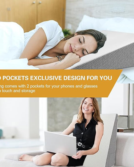 8" Bed Wedge Pillow for Sleeping, Triangle Pillow Memory Foam Top Wedge Pillow for Head, Back, Knee Support Leg Elevation Pillows for Acid Reflux, Reading, with Remover Washable Cover - LeafyLoom