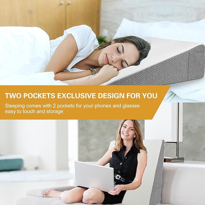 8" Bed Wedge Pillow for Sleeping, Triangle Pillow Memory Foam Top Wedge Pillow for Head, Back, Knee Support Leg Elevation Pillows for Acid Reflux, Reading, with Remover Washable Cover - LeafyLoom