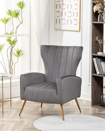 Armchair Modern Velvet Accent Chair, Channel Tufted Bedroom, Office or Living Room Furniture with Elegant Metal Legs, Grey - LeafyLoom