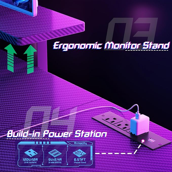 Gaming Desk with Shelves and Outlets, L Shaped Gaming Desk with LED Lights, Reversible L Shaped Computer Desk for Gamer, Carbon Fiber Black, 47" - LeafyLoom