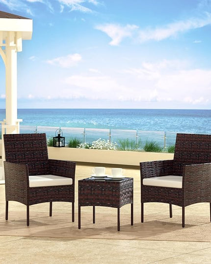 Patio Set 3 Piece Outdoor Rattan Porch Furniture with Tempered Glass Side Table & Cushion All Weather Conversation Bistro Set for Balcony,Deck,Porch (Brown/Beige) - LeafyLoom