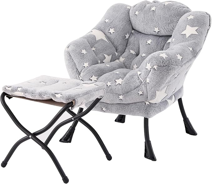 Welnow Toddler Kids Lazy Chair with Ottoman, Glow in The Dark Accent Comfy Lounge Children Armchair Couch with Removable Cover, Detachable Reading Chair with Footrest for Boy or Girl, Grey Star - LeafyLoom