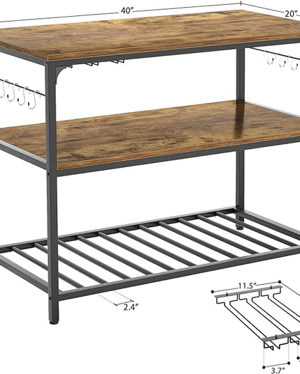 Homieasy Kitchen Island with Wine Glass Holder, Industrial Wood and Metal Coffee Bar Rack, 3 Tier Spacious Prep Table Extended Counter with Hooks Easy to Assemble, Rustic Brown - LeafyLoom