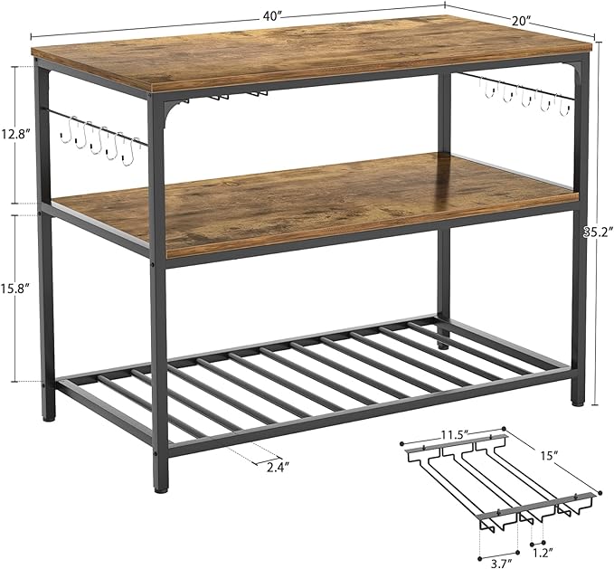 Homieasy Kitchen Island with Wine Glass Holder, Industrial Wood and Metal Coffee Bar Rack, 3 Tier Spacious Prep Table Extended Counter with Hooks Easy to Assemble, Rustic Brown - LeafyLoom