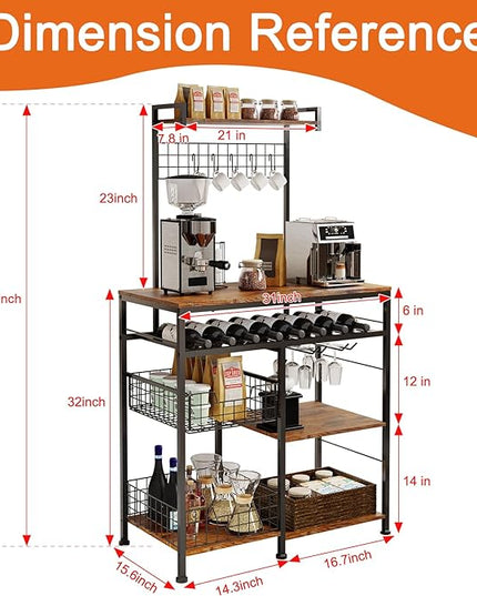 Farmhouse Coffee Bar Cabinet - 31" Sideboard Buffet Cabinet with 8 Hooks and Removable Sliding Storage Basket - Ideal for Kitchen& Dining&Living Room - Rustic Brown - LeafyLoom