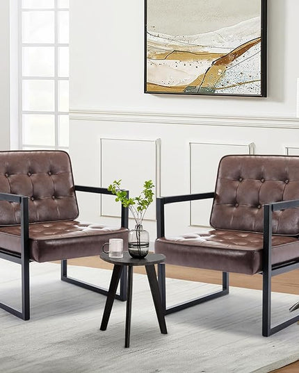 COLAMY Mid Century Modern Accent Chair Set of 2, Comfy Living Room Chair, Brown Leather Accent Chair, Faux Leather Reception Armchair with Metal Legs for Living Room Bedroom Reception Office, Brown - LeafyLoom