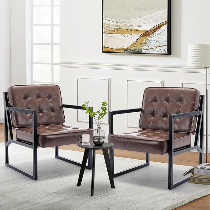 COLAMY Mid Century Modern Accent Chair Set of 2, Comfy Living Room Chair, Brown Leather Accent Chair, Faux Leather Reception Armchair with Metal Legs for Living Room Bedroom Reception Office, Brown - LeafyLoom