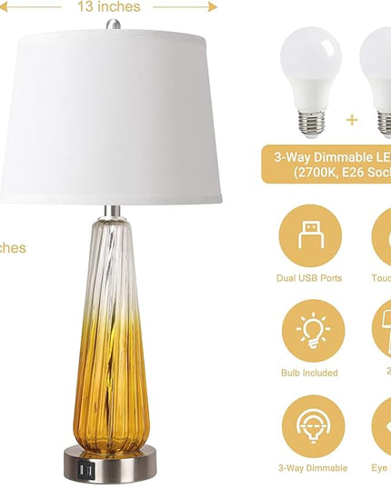 Table Lamps Set of 2 with Touch Control, 3-Way Dimmable Modern Glass Bedside Lamps with 2 USB Ports, Nightstand Lamp with White Fabric Shade, 27.5" Large Lamps for Living Room Bedrooms Decorations - LeafyLoom