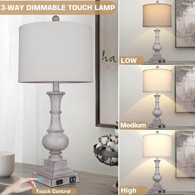 26" Farmhouse Table Lamps Set of 2, Rustic Touch Control Bedside Lamps with 2 USB Ports & AC Outlet, Vintage Resin 3-Way Dimmable Nightstand Lamp Linen Fabric Shade for Living Room Bedroom Decor Gray - LeafyLoom