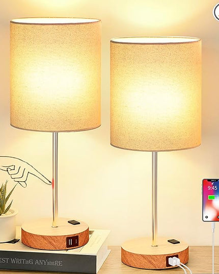 𝟮𝟬𝟮𝟯 𝗡𝗘𝗪 Touch Wood Table Lamps Set of 2, Bedroom Lamps with 2 USB & AC Outlet, 3-Way Dimmable Bedside Nightstand Lamps for Bedroom Living Room Nursery, 800 Lumens 2700K Bulbs Included - LeafyLoom