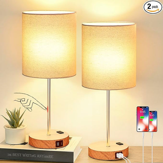 𝟮𝟬𝟮𝟯 𝗡𝗘𝗪 Touch Wood Table Lamps Set of 2, Bedroom Lamps with 2 USB & AC Outlet, 3-Way Dimmable Bedside Nightstand Lamps for Bedroom Living Room Nursery, 800 Lumens 2700K Bulbs Included - LeafyLoom