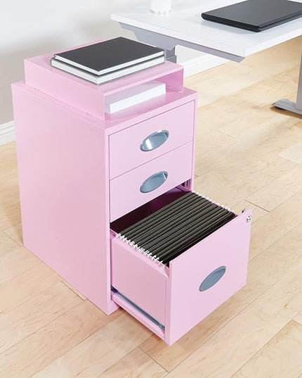 OSP Home Furnishings 3 Drawer Locking Metal File Cabinet with Top Shelf, Pink - LeafyLoom