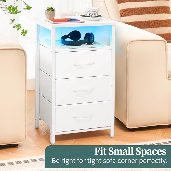 Yoobure Night Stand with Charging Station, 16 Colors LED Nightstand with USB Ports and Outlets, End Table with 3 Fabric Drawers and Storage Shelf, Bedside Tables Small Dresser for Small Space White - LeafyLoom