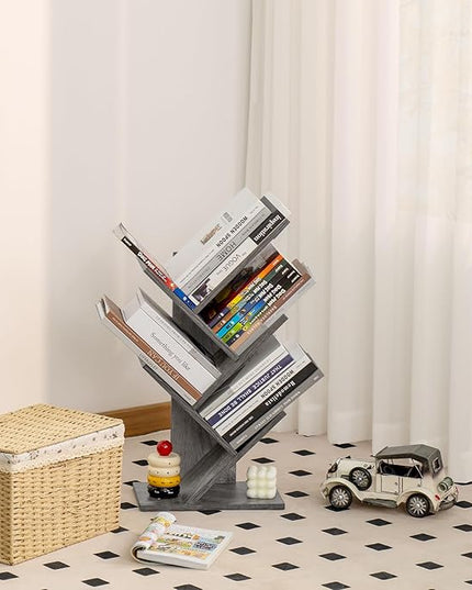 5 Tier Tree Book Shelf, Small Desktop Bookshelf with Storage Organizer, Wood Bookcase, Desk Display Bookshelves, Floor Standing Organizer Bookcases for Living Room,Bedroom,Office - Light Grey - LeafyLoom