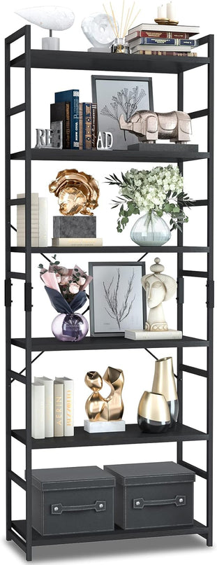 NUMENN 6 Tier Bookshelf, Tall Bookcase Shelf Storage Organizer, Modern Book Shelf for Bedroom, Living Room and Home Office, Black - LeafyLoom